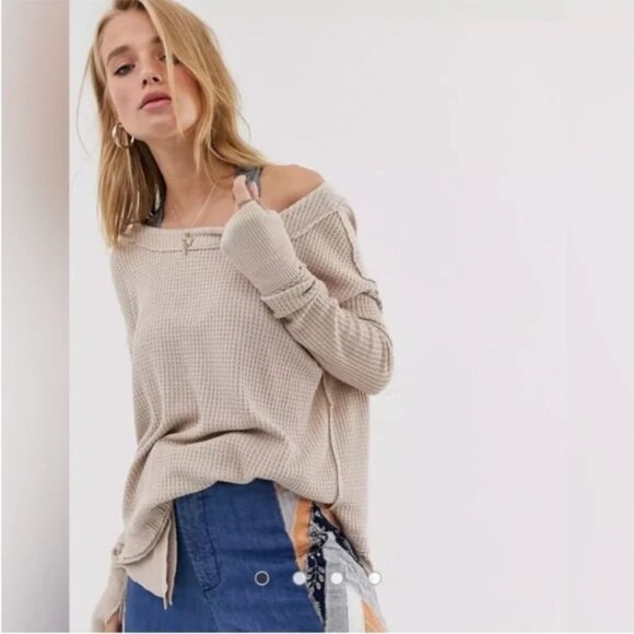 Free People North Shore Thermal Tunic Shirt Sand Beige Tan Large - Picture 3 of 8